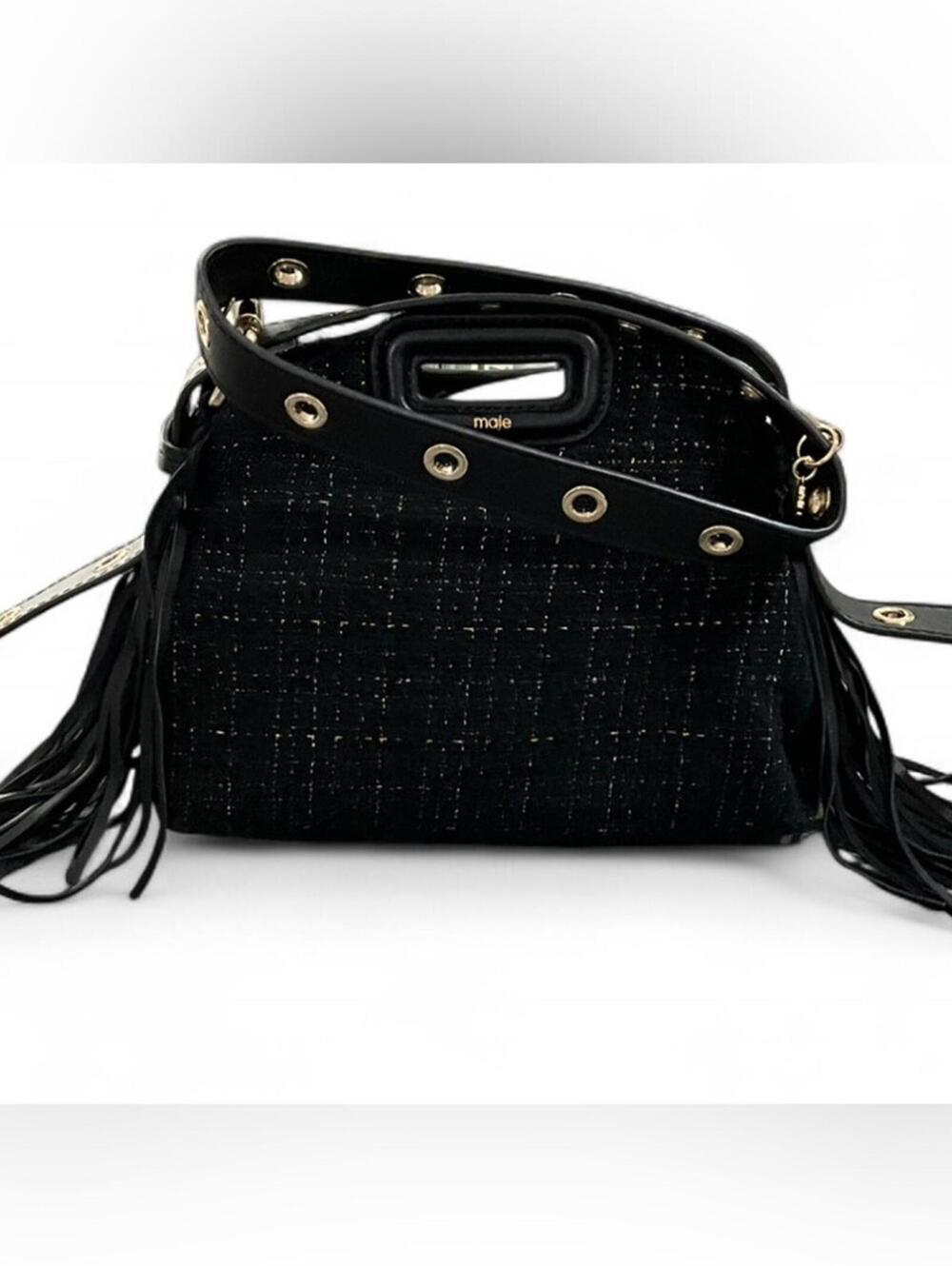 NWT MAJE Black Gold Metallic Tweed Crossbody Shoulder Bag Purse Leather Tassel - Picture 3 of 10